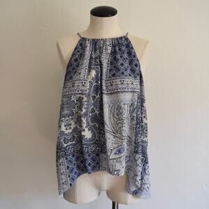 JOIE Amite Patchwork Paisley-print Silk Halter Neck Apron Top In Bluebird